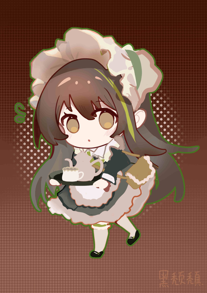 1girl, absurdres, apron, bag, brown_eyes, brown_hair, chibi, cup