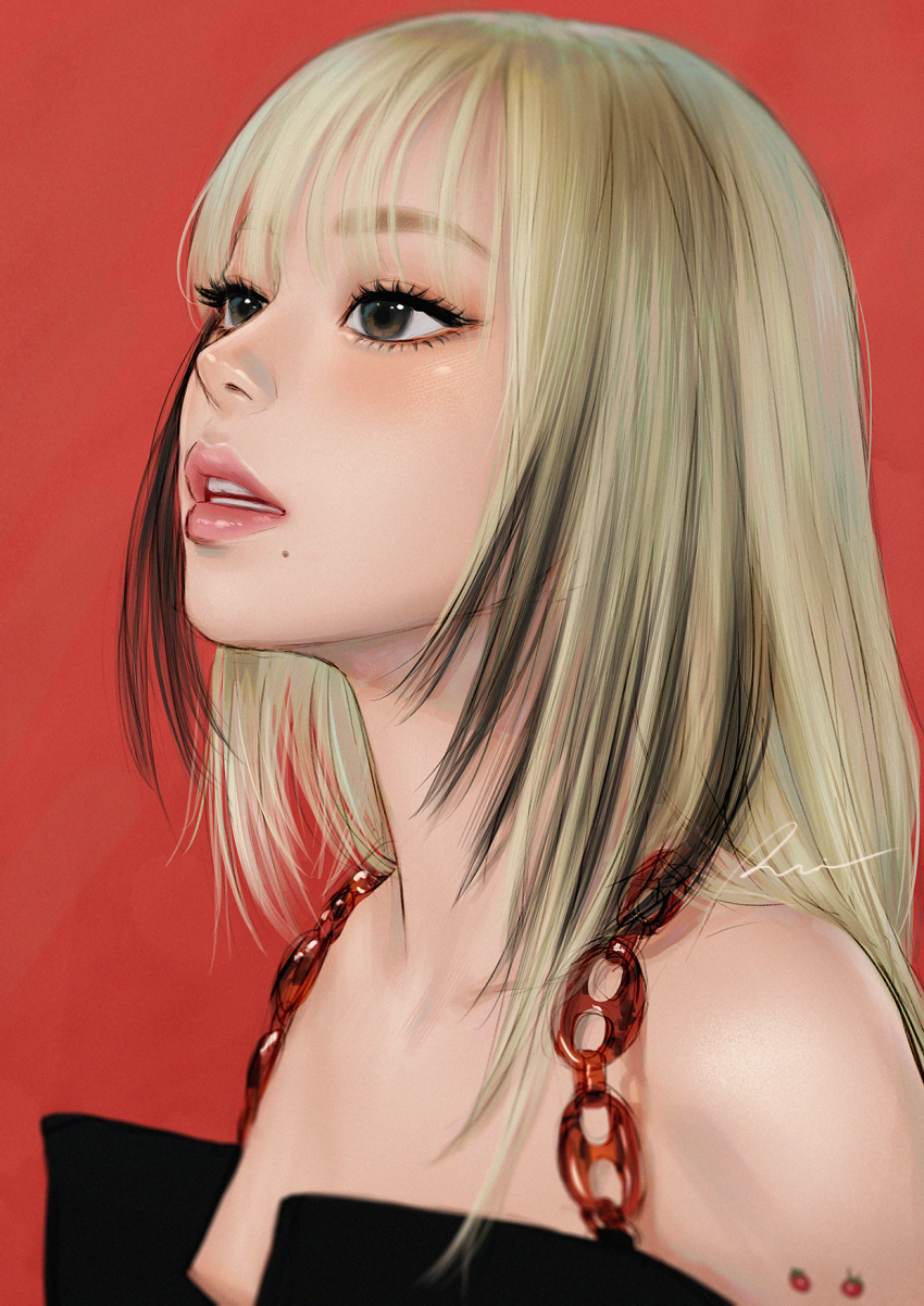 1girl, bare_shoulders, black_hair, blonde_hair, brown_eyes, chaeyoung_(twice), highres, lips