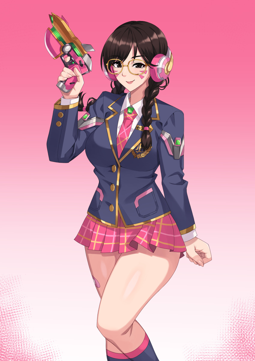 1girl, absurdres, academy_d.va, alternate_hairstyle, behind-the-head_headphones, bespectacled, blazer, braid, brown_eyes, brown_hair, d.va_(overwatch), facial_mark, glasses, gun, headphones, highres, holding, holding_gun, holding_weapon, hraf8mvqvxzvago, jacket, lips, long_hair, looking_at_viewer, necktie, official_alternate_costume, overwatch, overwatch_1, pink_necktie, pink_skirt, round_eyewear, school_uniform, skirt, smile, solo, twin_braids, weapon, whisker_markings