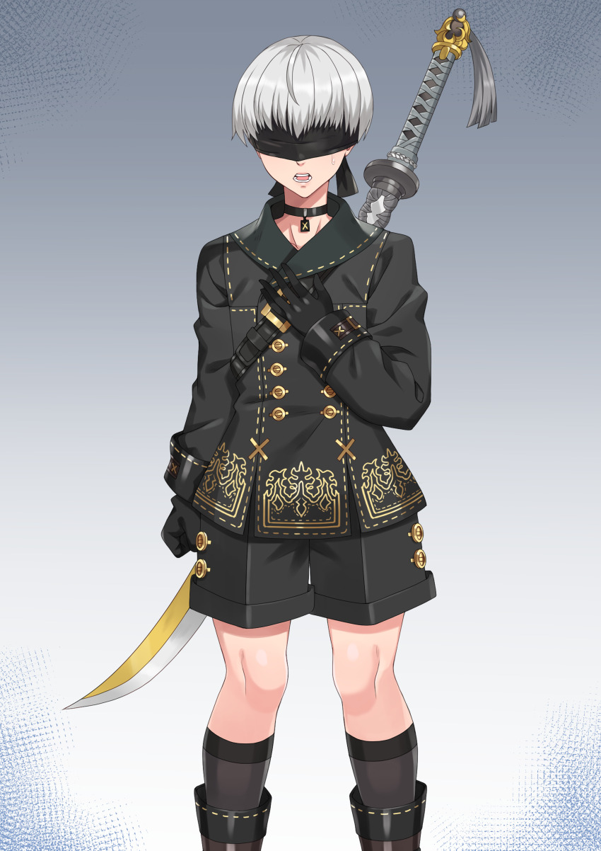 1boy, 1girl, 9s_(nier:automata), absurdres, black_gloves, black_shorts, black_sleeves, blindfold