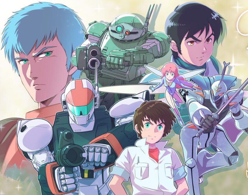 1girl, 3boys, ak2, black_hair, blue_hair, brown_hair, cham_fau, character_request, chirico_cuvie, dunbine, fairy, fairy_wings, ginga_hyouryuu_vifam, green_eyes, gun, jumpsuit, mecha, multiple_boys, orange_jumpsuit, red_shirt, rifle, robot, roddy_shuffle, scopedog, seisenshi_dunbine, serious, shirt, shou_zama, soukou_kihei_votoms, sword, vifam, weapon, white_shirt, wings, yellow_background