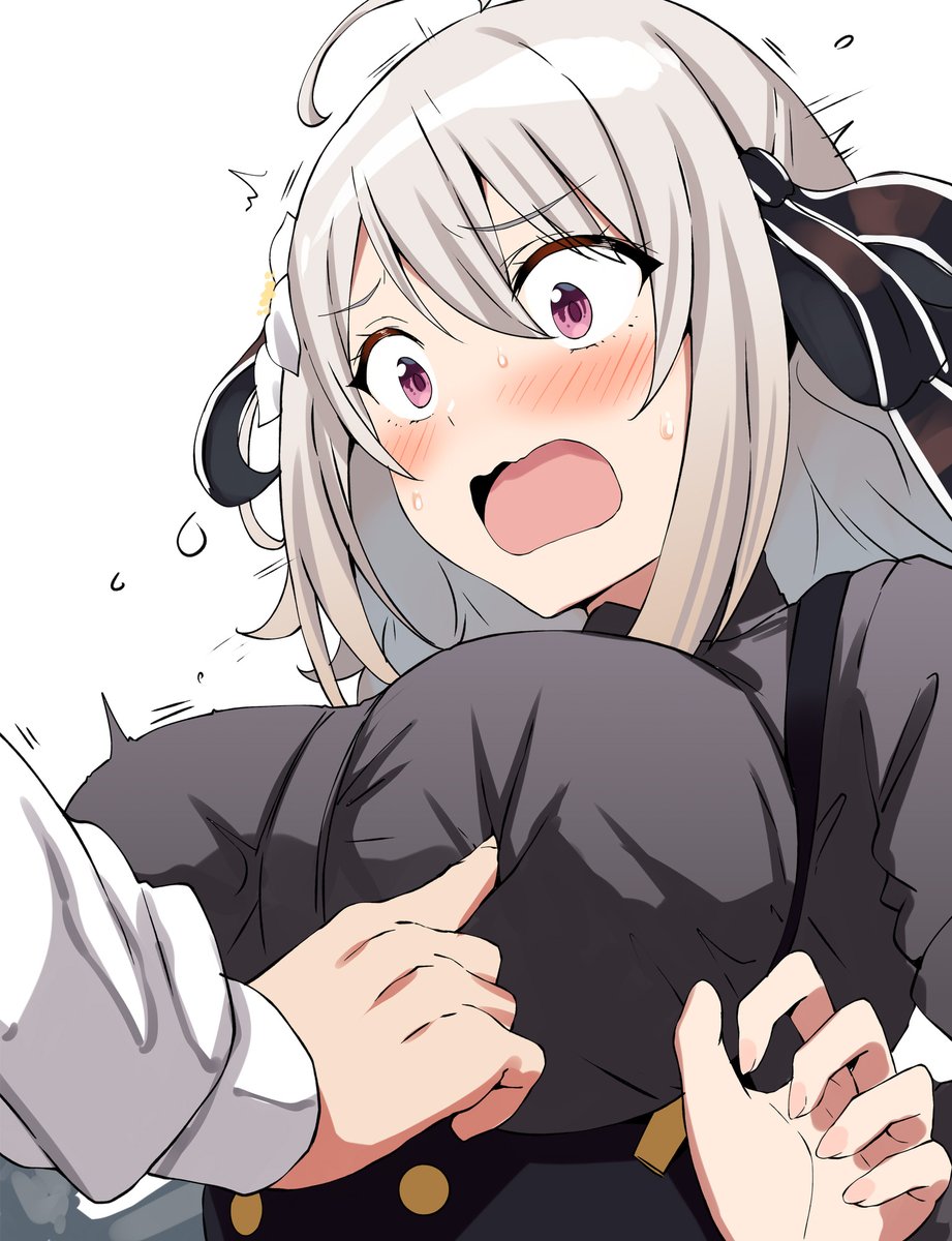 1girl, 1other, ahoge, belko, black_ribbon, black_skirt, blush, breast_poke, breasts, buttons, grey_shirt, hair_ribbon, high-waist_skirt, highres, large_breasts, lily_(spy_kyoushitsu), long_hair, long_sleeves, medium_hair, neck_ribbon, open_mouth, pink_eyes, poking, puffy_long_sleeves, puffy_sleeves, ribbon, shirt, simple_background, skirt, spy_kyoushitsu, suspender_skirt, suspenders, white_background, white_hair, white_shirt