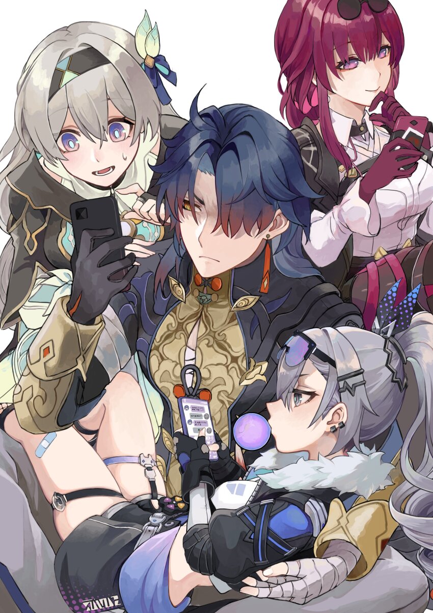 1boy, 3girls, absurdres, black_gloves, black_hair, black_hairband, black_jacket, black_shorts