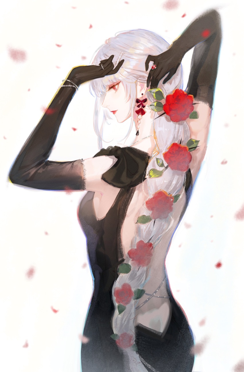 1girl, absurdres, adjusting_hair, alternate_costume, backless_dress, backless_outfit, bare_back, black_gloves