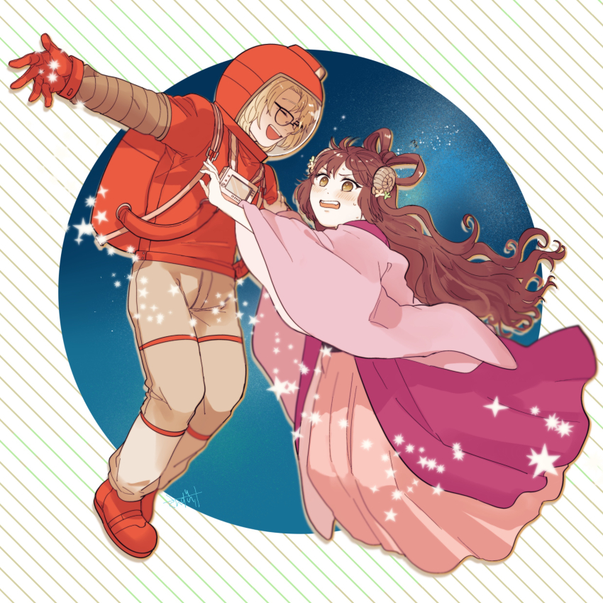 2girls, absurdres, alternate_hairstyle, artist_request, astronaut, blonde_hair, brown_eyes, brown_hair