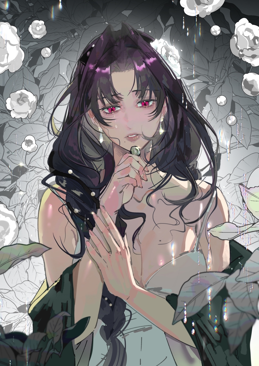 1girl, absurdres, bare_arms, bare_shoulders, braid, breasts, camisole, chinese_commentary