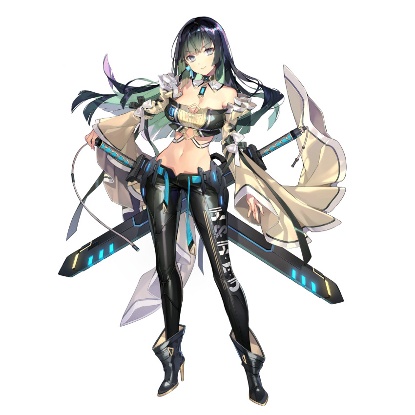 1girl, ankle_boots, aqua_belt, aqua_ribbon, artist_request, bare_shoulders, belt, black_boots