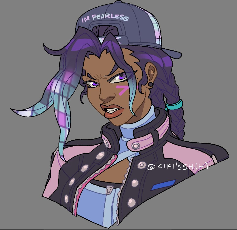 1girl, angry, antifragile_(le_sserafim), aqua_hair, backwards_hat, baseball_cap, black_eyeliner, black_hat, black_jacket, blue_sports_bra, clenched_teeth, clothes_writing, cropped_shoulders, eyeliner, facial_mark, grey_background, hat, jacket, kikissh, long_hair, looking_at_viewer, makeup, mole, mole_under_eye, multicolored_hair, multiple_girls, official_alternate_costume, open_clothes, open_jacket, open_mouth, overwatch, overwatch_2, purple_eyes, purple_hair, red_lips, simple_background, slay_star_sombra, solo, sombra_(overwatch), sports_bra, teeth, turtleneck, twitter_username, upper_body, x_(symbol), x_facial_mark