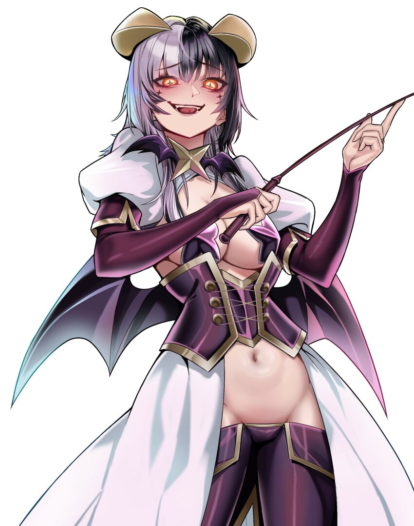 1girl, absurdres, archimedesu99, black_hair, blush, breastless_clothes, breasts, cleavage, corset, fang, forward-facing_horns, grey_hair, highres, hiiragi_utena, hololive, hololive_english, horns, magia_baiser, magical_girl, mahou_shoujo_ni_akogarete, medium_breasts, medium_hair, multicolored_hair, navel, open_mouth, pants, pasties, shiori_novella, smile, solo, split-color_hair, symbol-shaped_pupils, teeth, two-tone_hair, virtual_youtuber, wings, yellow_eyes, yellow_horns