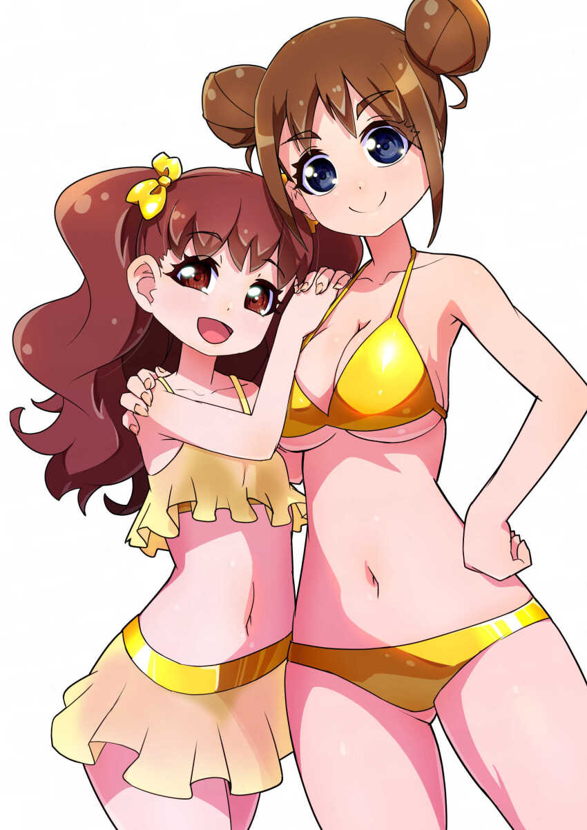 2girls, alternate_breast_size, arm_around_shoulder, bikini, bikini_skirt, blue_eyes, breasts, brown_hair