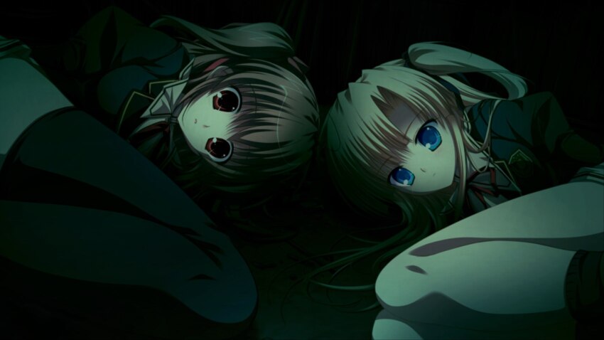 2girls, blonde_hair, blue_eyes, brown_hair, game_cg, hair_ribbon, highres, multiple_girls