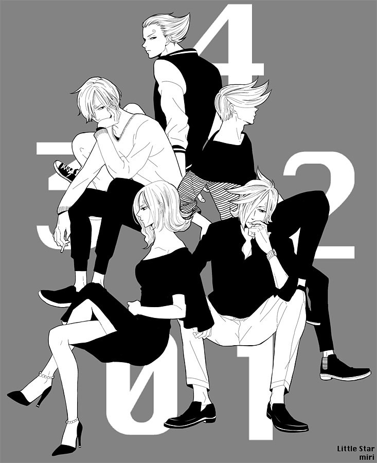 1girl, 4boys, brother_and_sister, cigarette, crossed_legs, curly_eyebrows, dress, greyscale