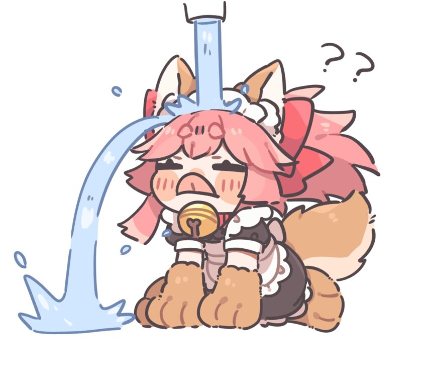1girl, ?, ??, animal_ears, anko_omotimoti, blush, cat_under_faucet_(meme), chibi, closed_eyes, fate/extra, fate/grand_order, fate_(series), fox_ears, fox_tail, long_hair, meme, pink_hair, simple_background, solo, tail, tamamo_cat_(fate), tamamo_cat_(second_ascension)_(fate), tongue, tongue_out, water, white_background