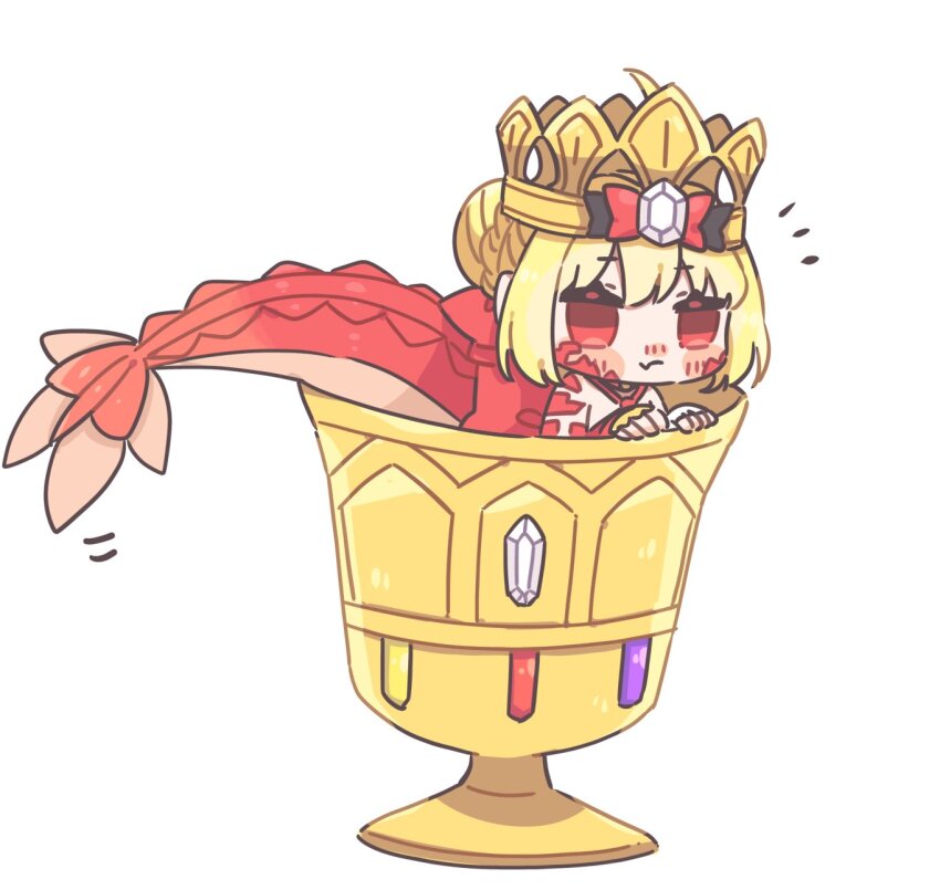1girl, anko_omotimoti, blonde_hair, blush, chibi, crown, cup, dragon_tail, fate/grand_order, fate_(series), highres, holy_grail_(fate), in_container, in_cup, nero_claudius_(fate), queen_draco_(fate), queen_draco_(second_ascension)_(fate), red_eyes, simple_background, solo, tail, white_background