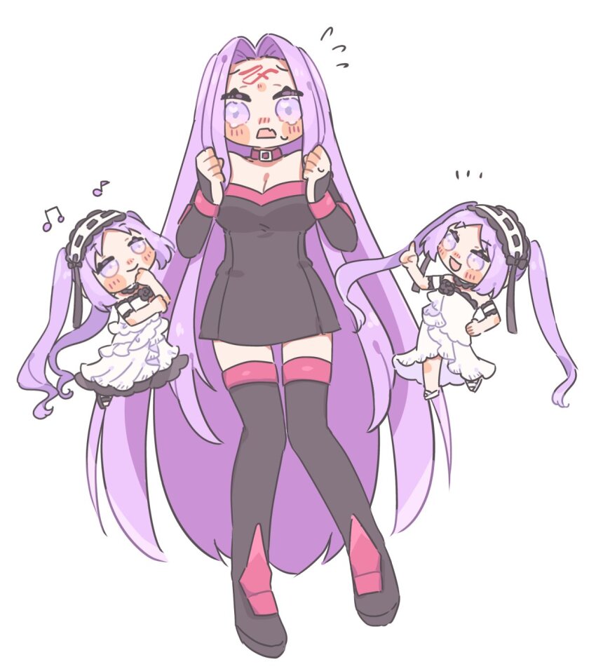 3girls, anko_omotimoti, blush, boots, chibi, dress, euryale_(fate), facial_mark