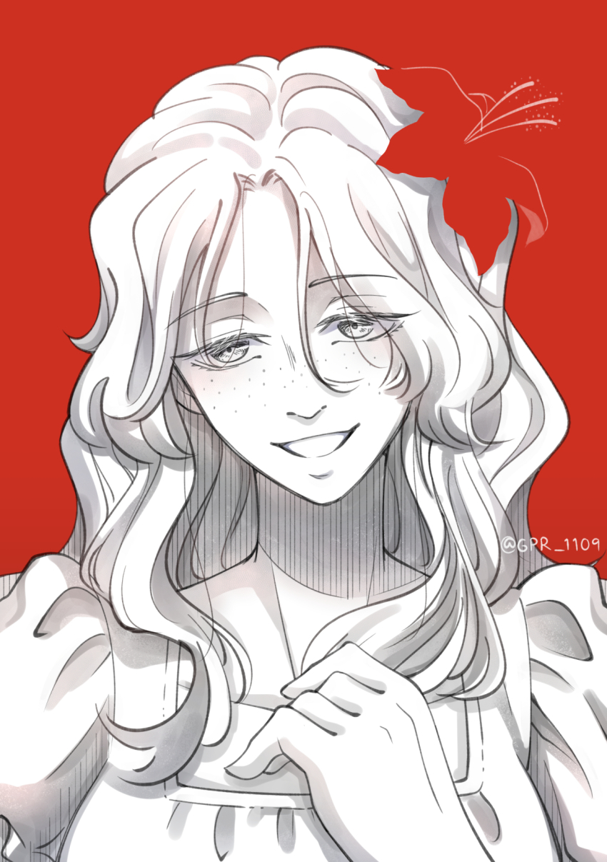 1girl, close-up, eyelashes, flower, freckles, greyscale_with_colored_background, hair_between_eyes, hair_flower, hair_ornament, hibiscus, highres, long_hair, looking_to_the_side, one_piece, portgas_d._rouge, puffy_short_sleeves, puffy_sleeves, red_background, ruang, short_sleeves, smile, solo, twitter_username, upper_body