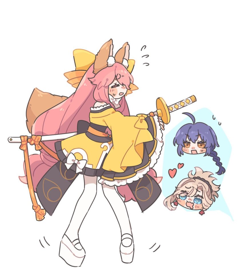 3girls, animal_ears, anko_omotimoti, blush, braid, chibi, chibi_inset, closed_eyes, fate/samurai_remnant, fate_(series), fox_ears, fox_girl, fox_tail, heart, highres, japanese_clothes, katana, kimono, long_hair, miyamoto_musashi_(fate), miyamoto_musashi_(woman_of_niten_ichiryuu)_(fate), multiple_girls, open_mouth, pantyhose, pink_hair, platform_footwear, simple_background, smile, sword, sword_on_back, tail, tamamo_aria_(fate), weapon, weapon_on_back, white_background, white_pantyhose, yamato_takeru_(fate), yellow_kimono