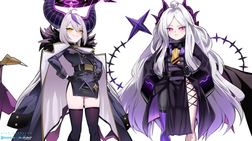 2girls, absurdres, ahoge, archimedesu99, artist_name, ascot, black_coat, black_dress