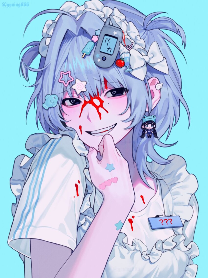 1girl, aegyo_sal, ahoge, apron, black_eyes, blood, blood_on_clothes, blood_on_face