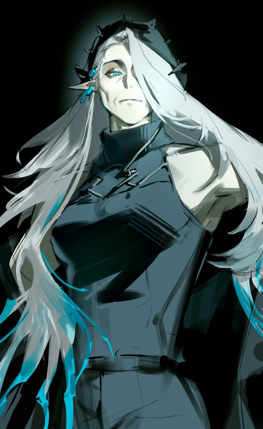 1girl, absurdres, arknights, black_background, black_jumpsuit, blue_eyes, blue_hair, closed_mouth