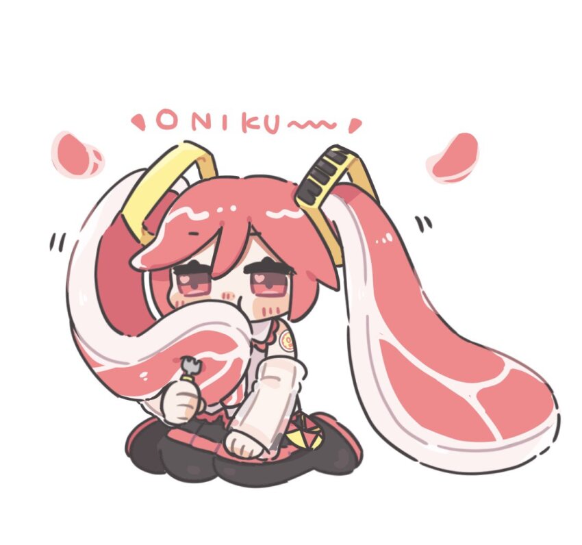 1girl, anko_omotimoti, chibi, eating, food, food-themed_hair, fork, full_body