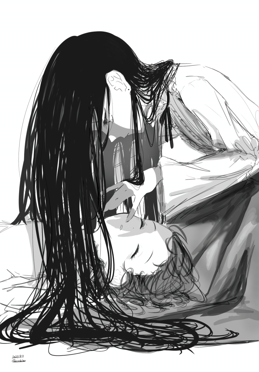 2girls, absurdres, closed_eyes, enoki_oishiine, expressionless, greyscale, highres, kamisaki_hikaru