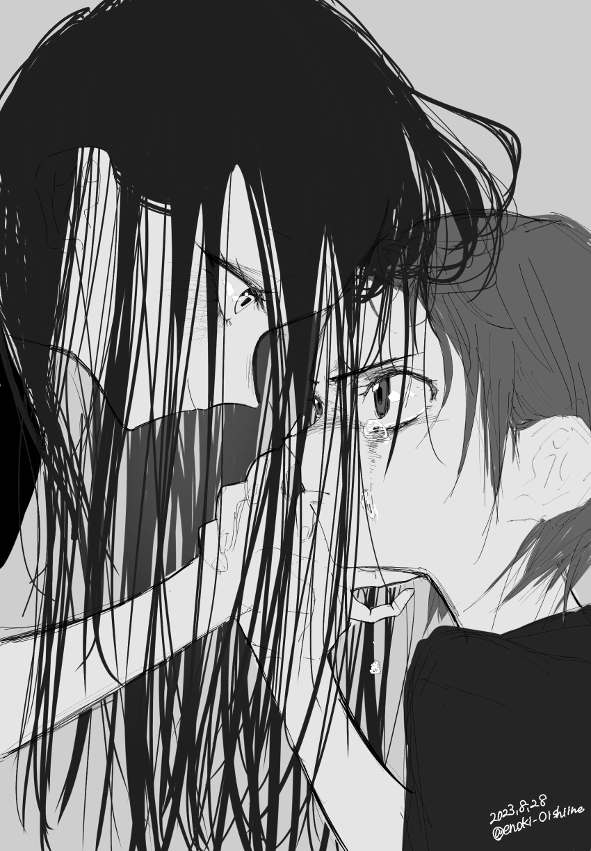 2girls, absurdres, close-up, crying, crying_with_eyes_open, enoki_oishiine, eye_contact, greyscale