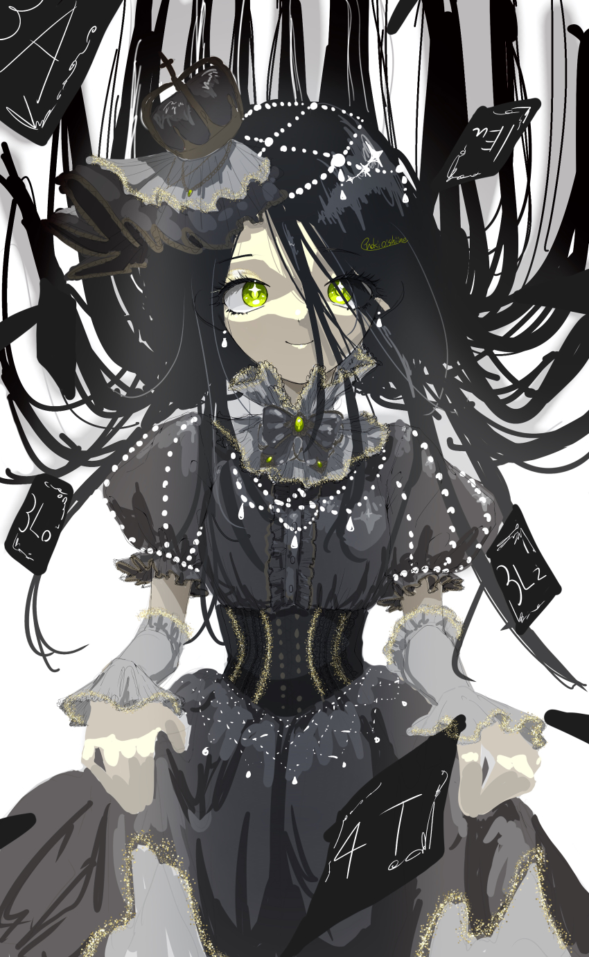1girl, absurdres, black_dress, black_hair, crown, dress, enoki_oishiine, hair_ornament, highres, kamisaki_hikaru, long_hair, looking_at_viewer, medalist_(manga), princess, puffy_short_sleeves, puffy_sleeves, short_sleeves, simple_background, sketch, smile, solo, white_background, yellow_eyes