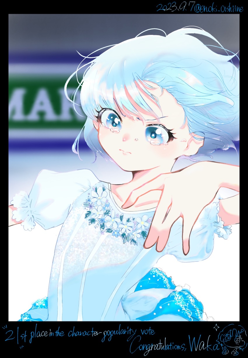 1girl, blue_dress, blue_eyes, blue_hair, dress, enoki_oishiine, figure_skating, figure_skating_dress
