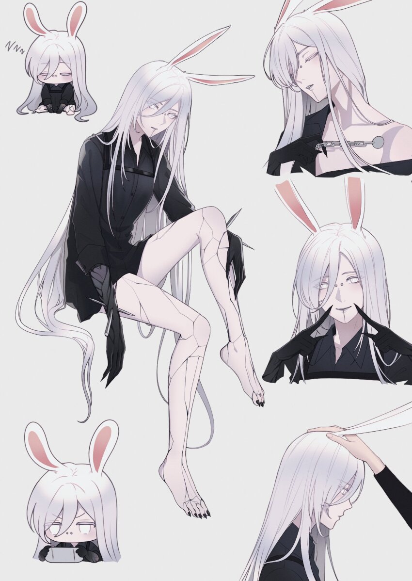 1girl, angon623, animal_ears, bare_legs, barefoot, black_nails, black_shirt, borrowed_clothes