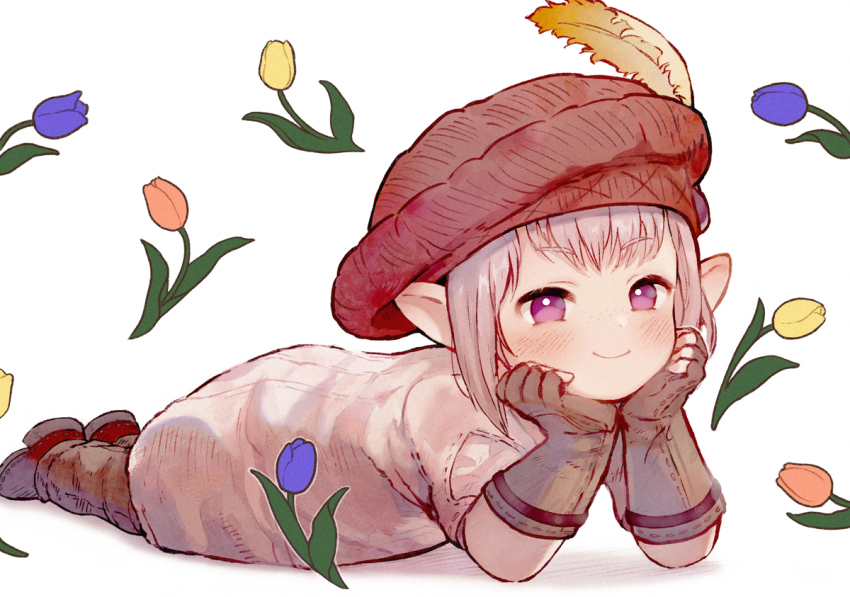 1girl, beret, brown_gloves, brown_pants, elbow_gloves, elbow_rest, final_fantasy, final_fantasy_xiv