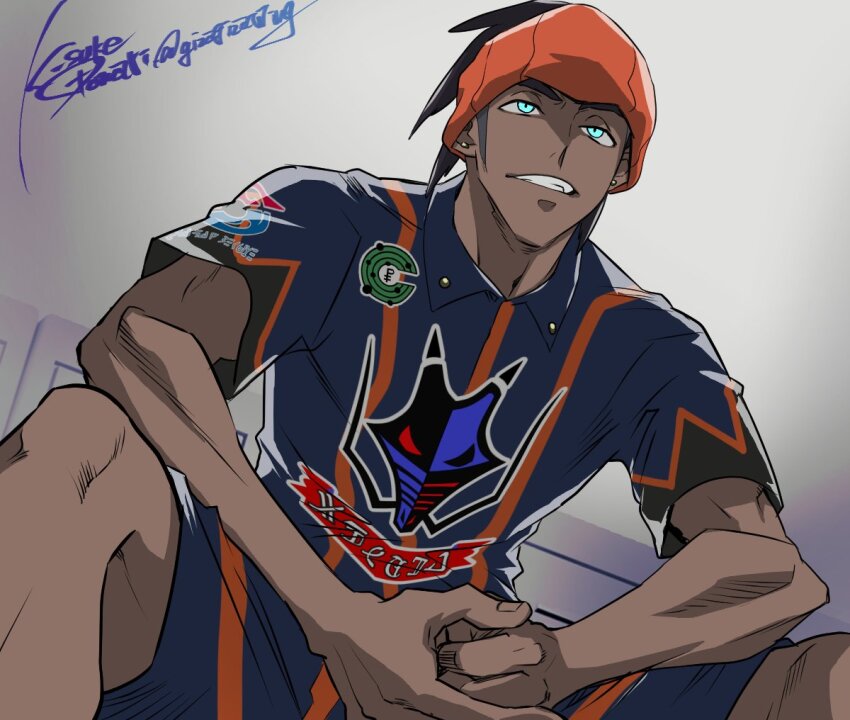 1boy, black_hair, blue_eyes, clenched_teeth, commentary, commentary_request, dark-skinned_male, dark_skin