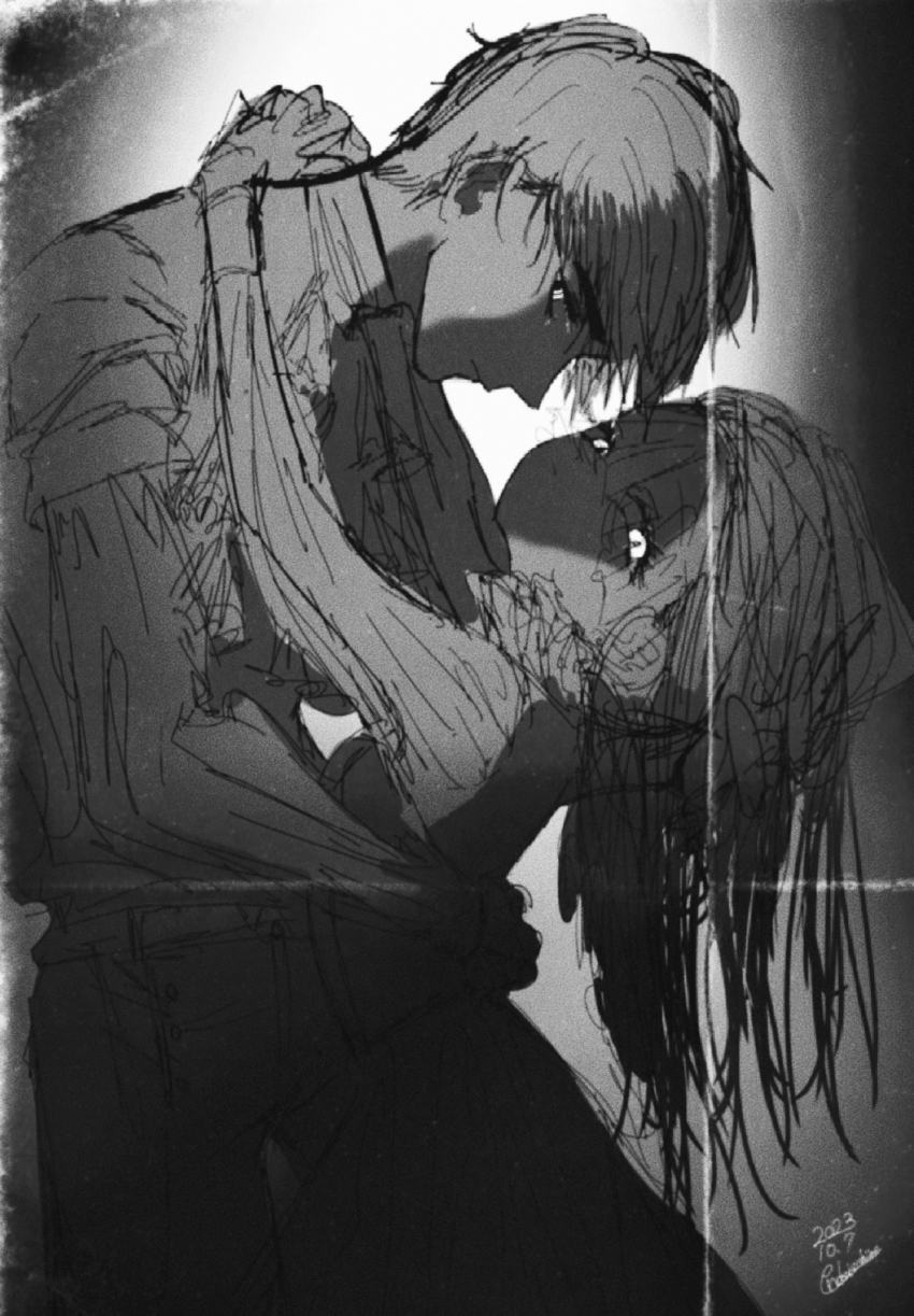 1boy, 1girl, cowboy_shot, dress, enoki_oishiine, expressionless, greyscale, highres