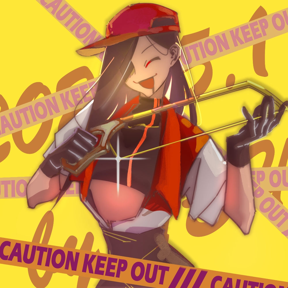 1girl, baseball_cap, black_gloves, black_pants, butcher_vanity_(synthesizer_v), caution_tape, chinese_commentary, closed_eyes
