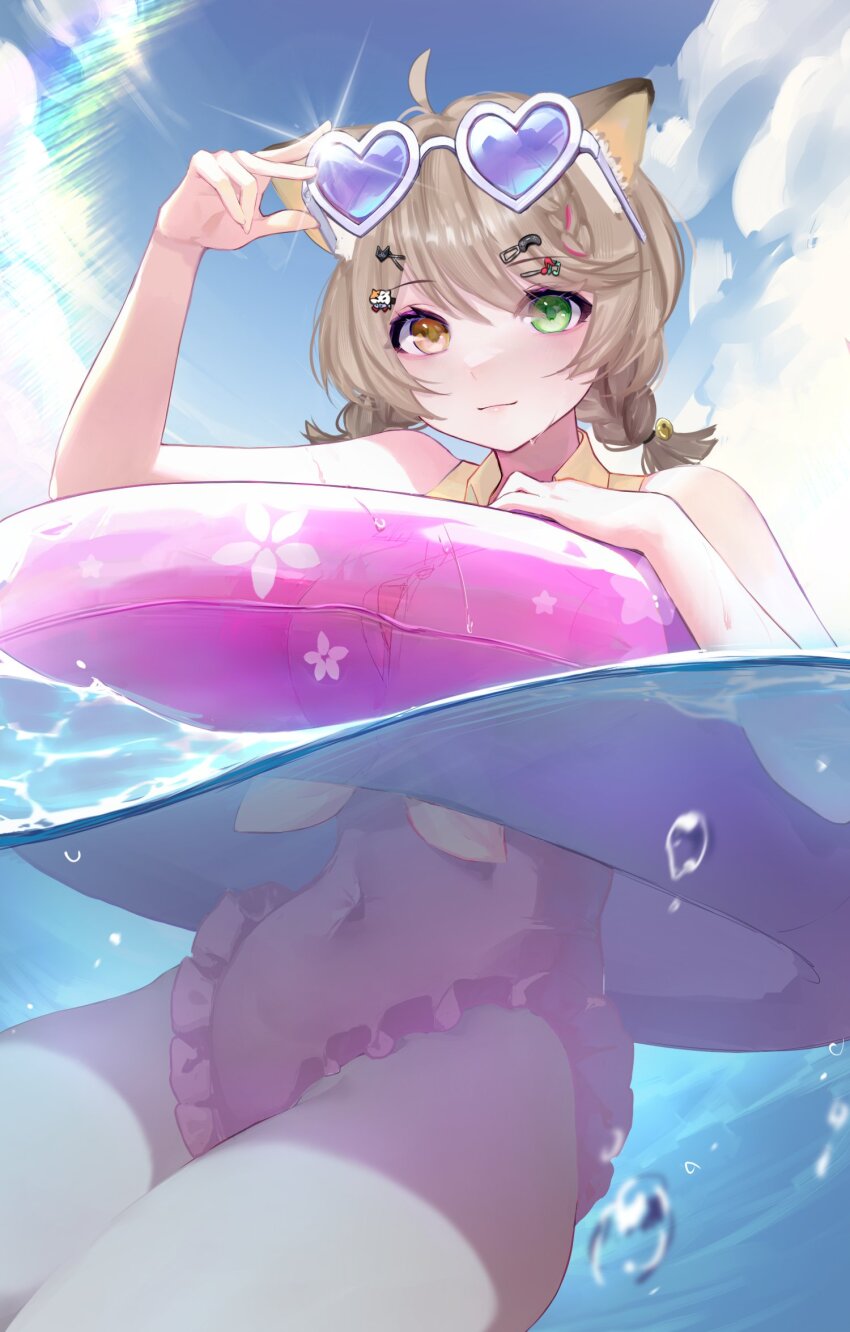 1girl, ahoge, animal_ears, bell, brown_hair, cat_ears, cat_girl, collared_shirt