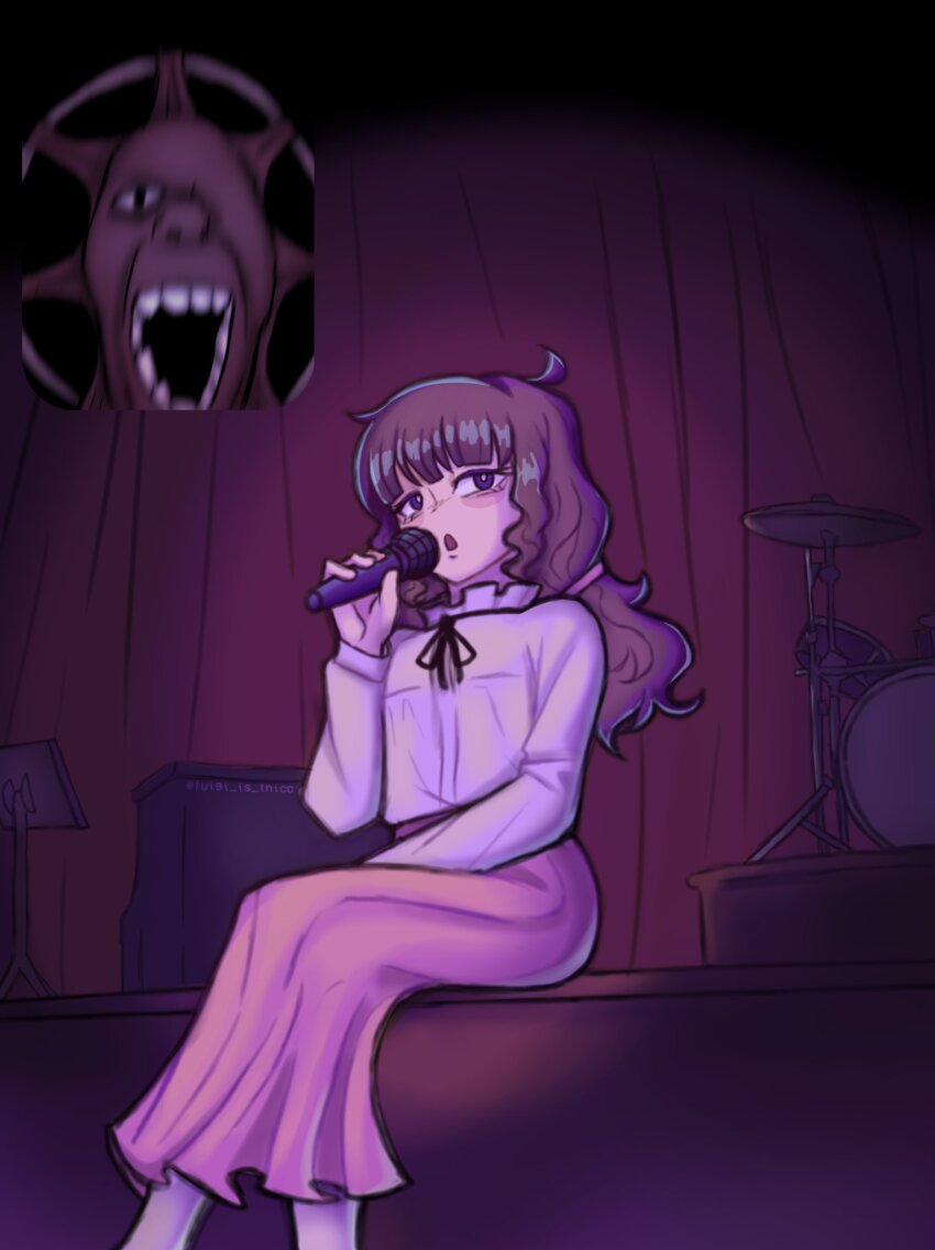 2girls, black_ribbon, brown_hair, commentary, drum, dysmorphia_(fear_&amp;_hunger), fan_screaming_at_madison_beer_(meme), fear_&amp;_hunger, fear_&amp;_hunger_2:_termina, frilled_shirt_collar, frills, hand_on_lap, hand_up, highres, holding, holding_microphone, instrument, long_hair, long_skirt, long_sleeves, luigi_is_thicc, marina_(fear_&amp;_hunger), meme, microphone, monsterification, multiple_girls, neck_ribbon, one-eyed, open_mouth, parted_lips, pink_skirt, ribbon, samarie_(fear_&amp;_hunger), screaming, shirt, sitting, skirt, socks, stage, teeth, white_shirt, white_socks