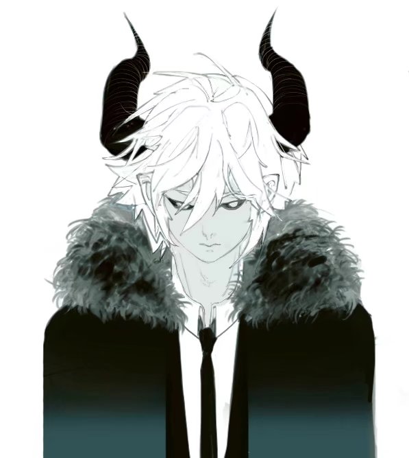 1boy, cape, demon_boy, demon_horns, formal_clothes, funamusea, fur-trimmed_cape, fur_trim, haiiro_teien, horns, kcalb_(funamusea), looking_down, meteplatin, solo, suit, white_hair