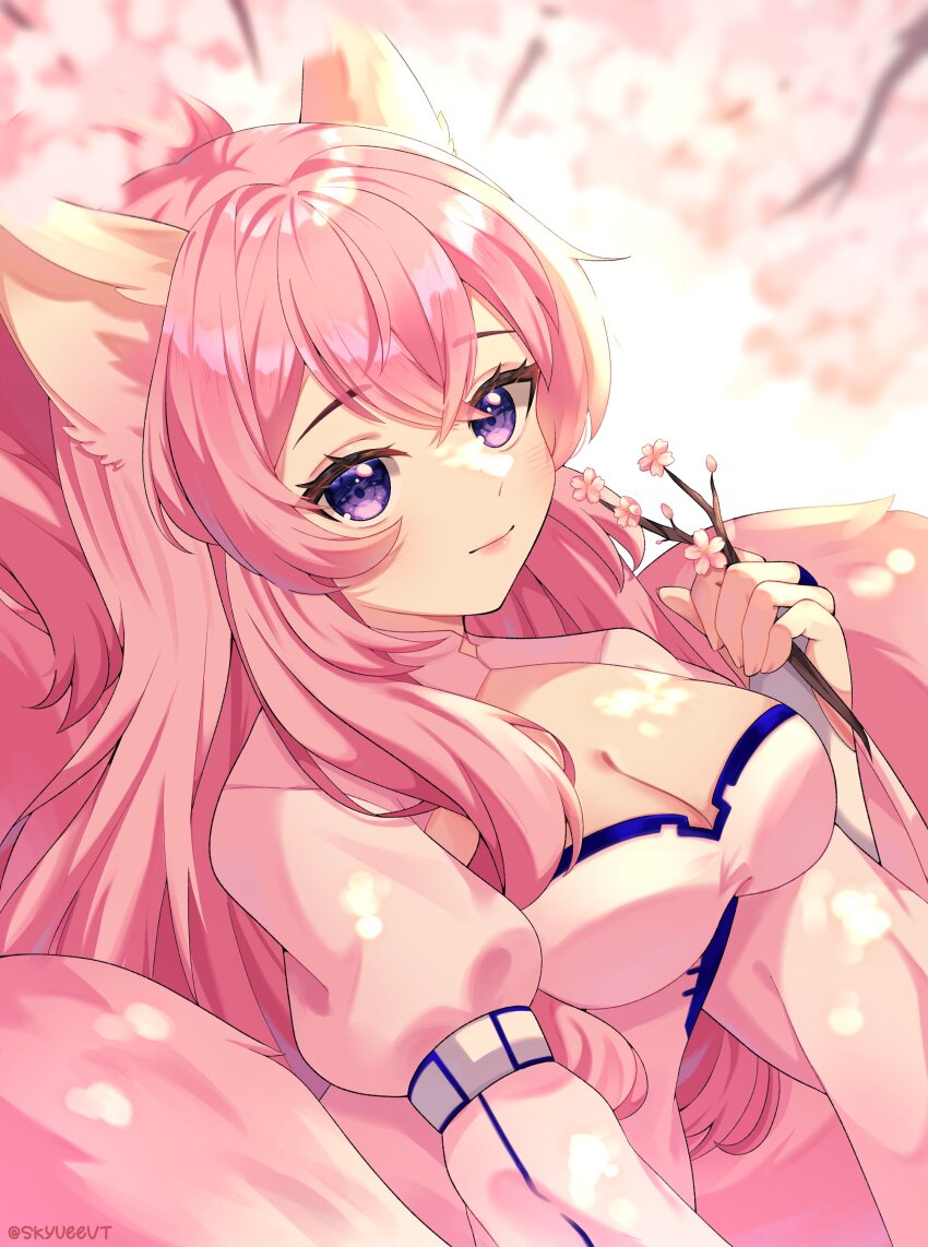 absurdres, aizuke_(vtuber), animal_ears, branch, breasts, cherry_blossoms, cleavage, cleavage_cutout, closed_mouth, clothing_cutout, crossed_bangs, dress, eyelashes, fox_ears, fox_girl, fox_tail, highres, holding, holding_branch, indie_virtual_youtuber, kitsune, large_breasts, long_hair, multiple_tails, pink_hair, purple_eyes, shadow, skyvee_(artist), tail, twitter_username, virtual_youtuber, white_dress