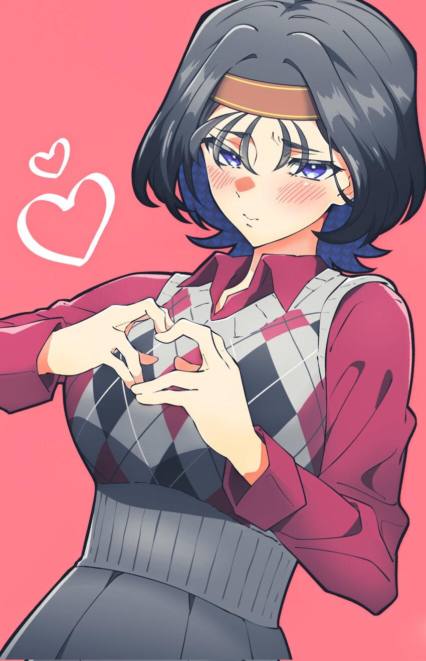 1girl, argyle_clothes, argyle_vest, black_background, blue_eyes, blush, breasts, brown_headband