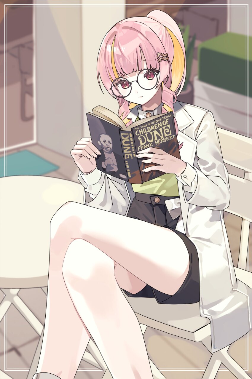 1girl, absurdres, book, chair, closed_mouth, colored_inner_hair, commentary, commission