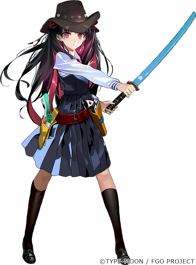 1girl, black_footwear, black_hair, black_shirt, copyright_name, cowboy_hat, fate/grand_order, fate_(series)