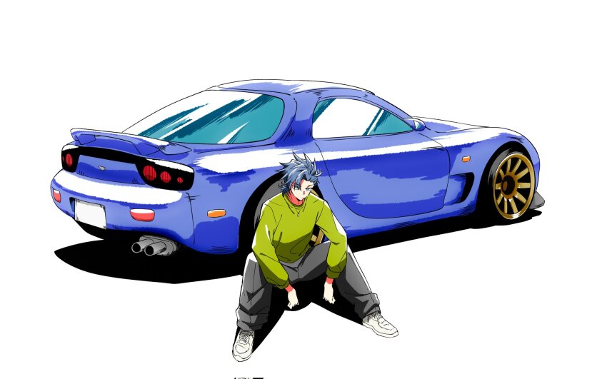 1boy, blue_car, blue_eyes, blue_hair, car, corrupted_twitter_file, green_sweater, grey_pants
