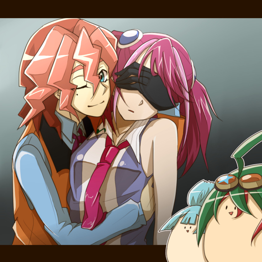 1girl, 3boys, blue_eyes, chibi, covering_another's_eyes, dennis_macfield, dress, dress_shirt