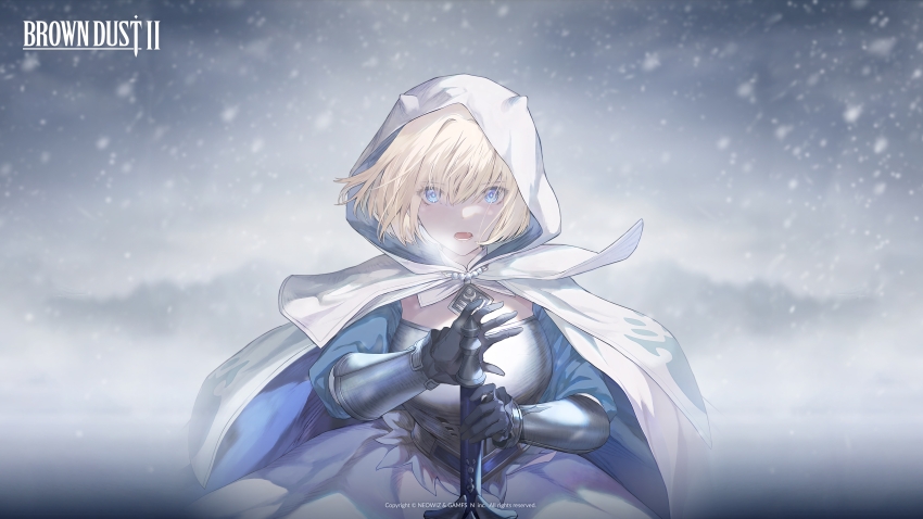 1girl, absurdres, artist_request, black_gloves, blizzard, blonde_hair, blue_dress, blue_eyes