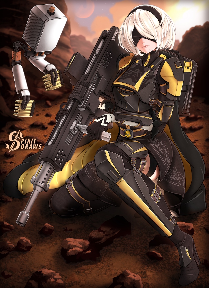 1girl, 2b_(nier:automata), absurdres, ammunition, artist_name, autocannon, black_hairband, blindfold
