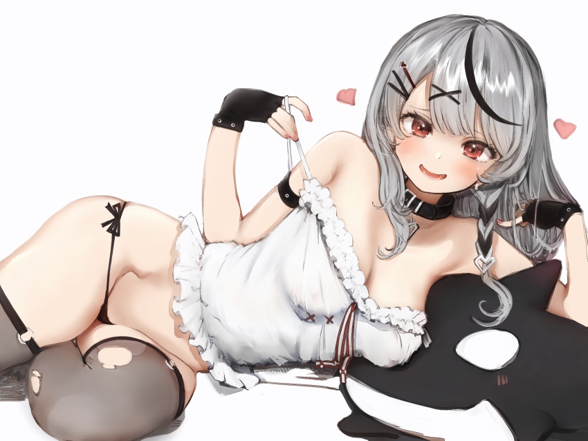 1girl, bare_shoulders, black_collar, black_gloves, black_hair, black_panties, black_thighhighs, blush, braid, breasts, camisole, collar, fingerless_gloves, frilled_camisole, frills, gloves, grey_hair, hair_ornament, highres, hololive, long_hair, looking_at_viewer, lying, medium_breasts, multicolored_hair, nanashi_(nlo), no_pants, on_side, open_mouth, panties, pulling_own_clothes, red_eyes, sakamata_chloe, sakamata_chloe_(1st_costume), side-tie_panties, simple_background, single_braid, smile, solo, strap_pull, streaked_hair, stuffed_orca, thighhighs, torn_clothes, torn_thighhighs, underwear, virtual_youtuber, white_background, white_camisole, x_hair_ornament