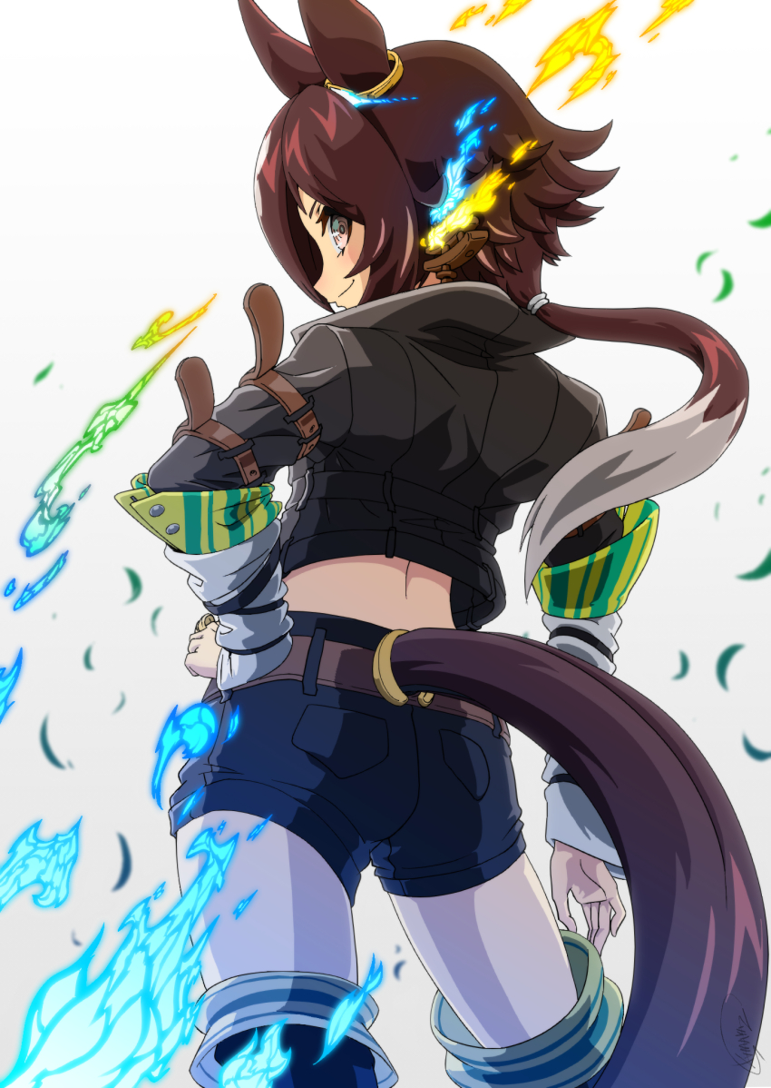 1girl, animal_ears, ass, belt, black_jacket, black_shorts, blue_fire, blush