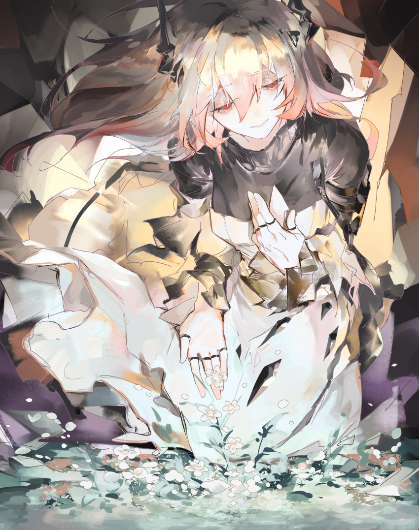 1girl, absurdres, arknights, commentary_request, dress, enmokuritsu-d, flower, half-closed_eyes