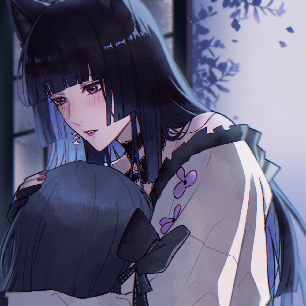 1girl, 1other, ambiguous_gender, angon623, bare_shoulders, black_bow, black_gloves, black_hair