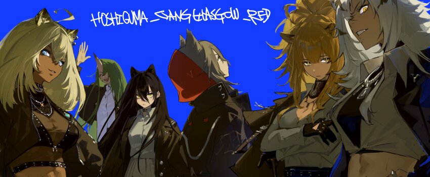 6+girls, absurdres, ahoge, animal_ears, arknights, black_coat, black_hair, black_jacket